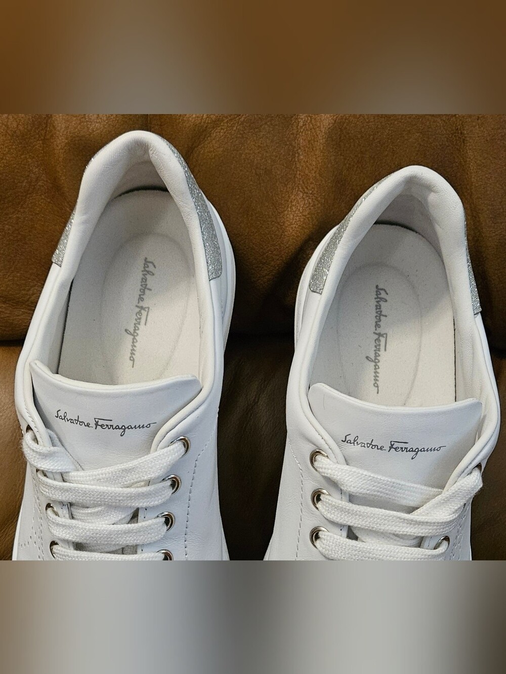 Women's Salvatore Ferragamo White Leather Silver Glitter Size 8.5 - Picture 12 of 16